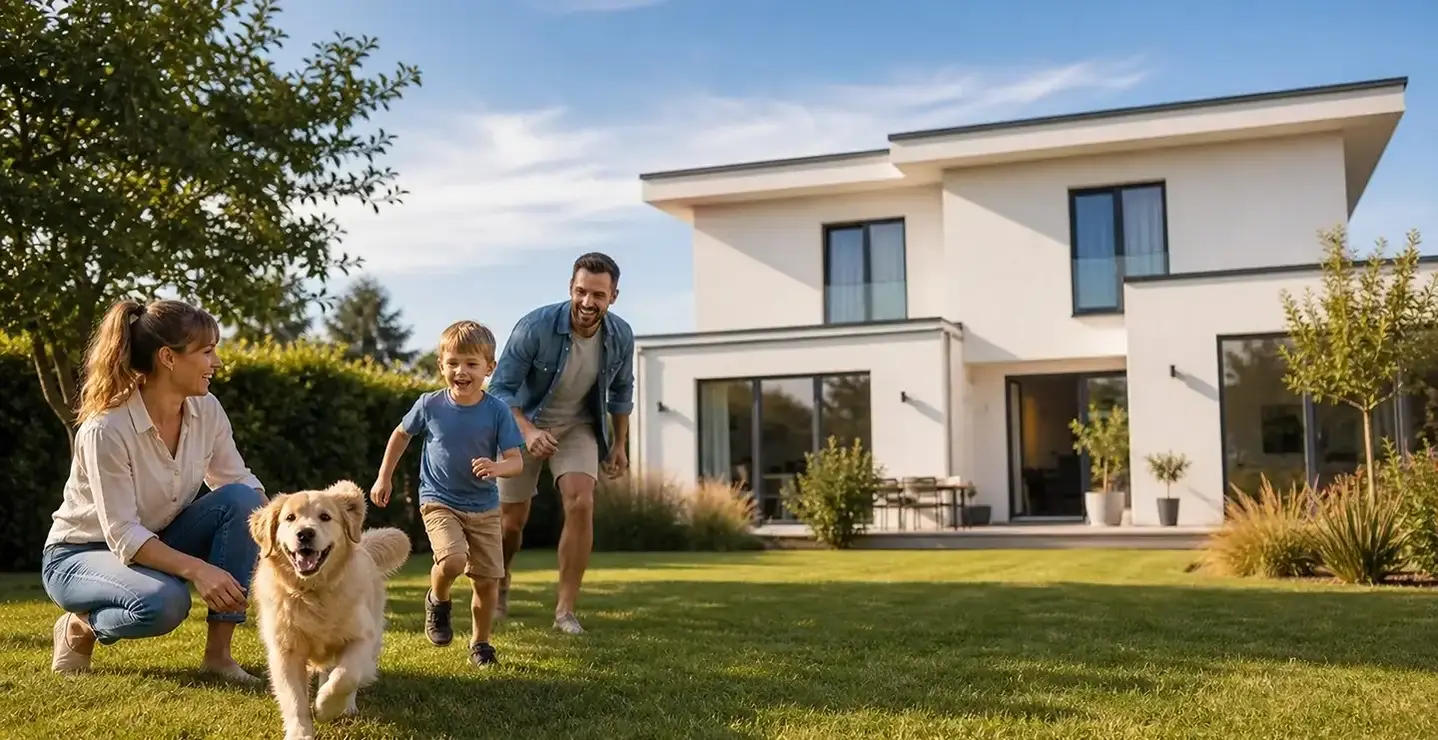 Family playing with a dog on a lawn outside a modern detached house with large windows and garden